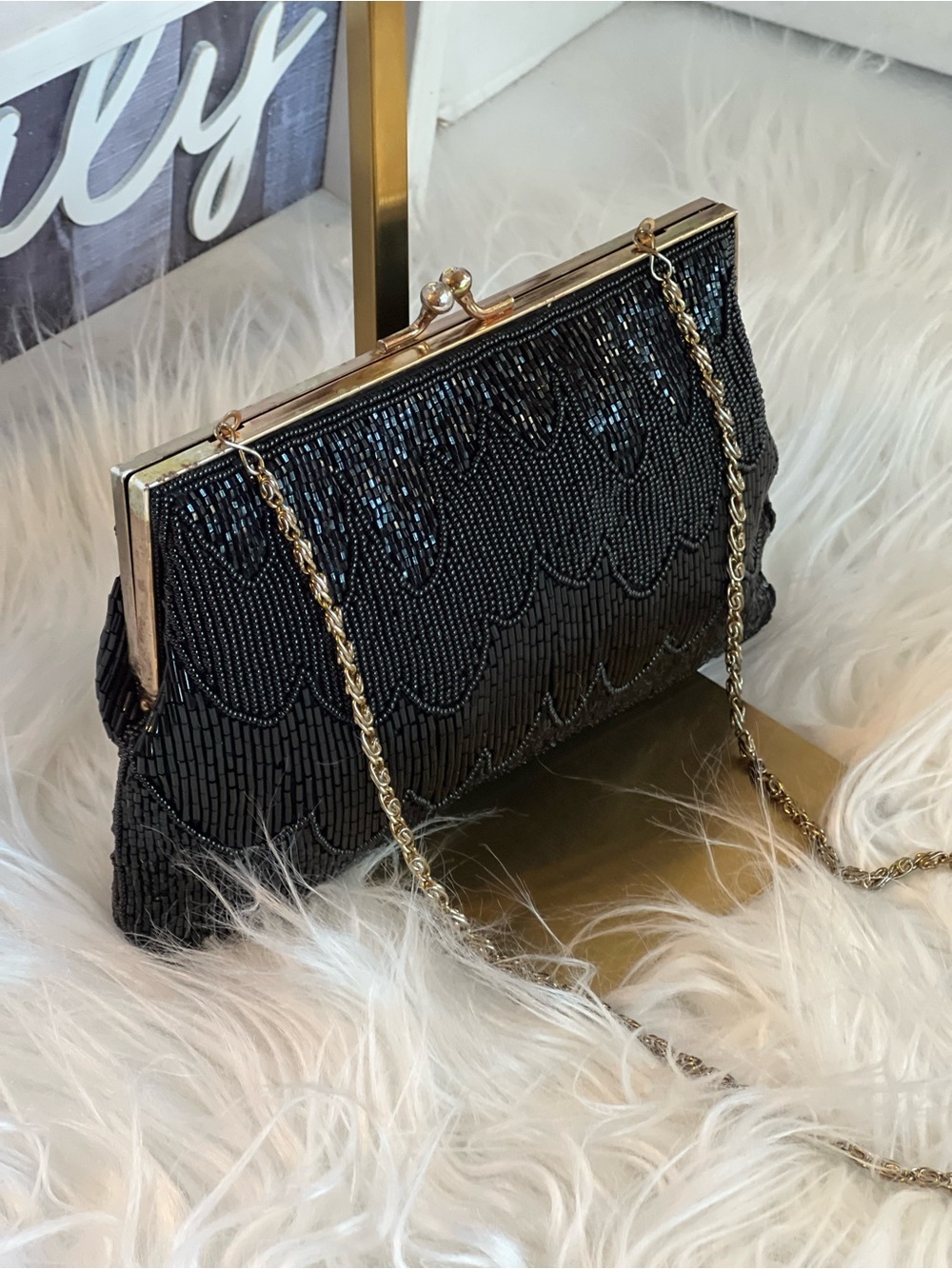 La Regale vintage Black Beaded Clutch with Gold Chain